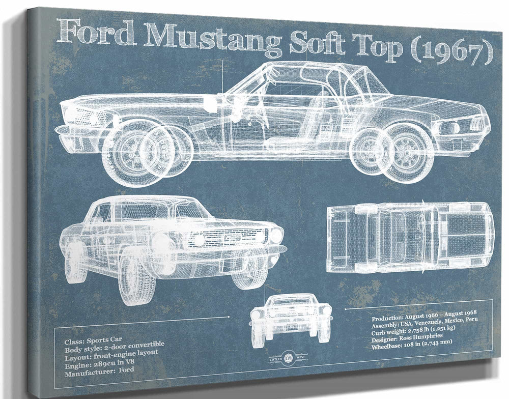 14" x 11" / Stretched Canvas Wrap Cutler West Ford Mustang Soft Top/Convertible 1967 Original Blueprint Art