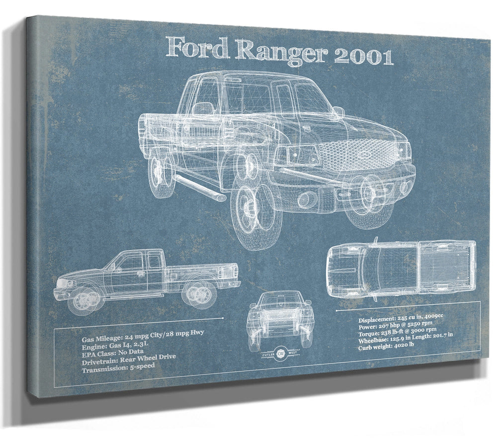 14" x 11" / Stretched Canvas Wrap Cutler West Ford Ranger 2001 Blueprint Vintage Auto Print