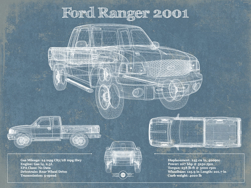 14" x 11" / Stretched Canvas Wrap Cutler West Ford Ranger 2001 Blueprint Vintage Auto Print