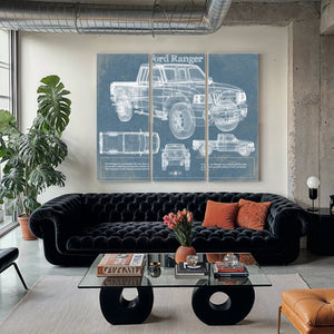Ford Ranger Blueprint Truck Print as a 3 panel canvas wrap in a modern living room