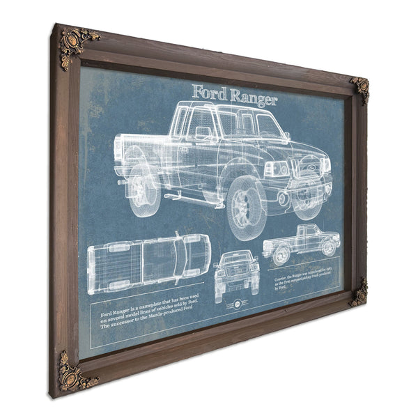 Ford Ranger Blueprint Truck Print in a Bourbon stained wood frame with antique gold corners