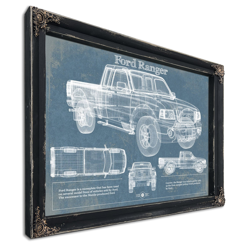 Ford Ranger Blueprint Truck Print in a distressed Vintage Black wood frame with ornate corners