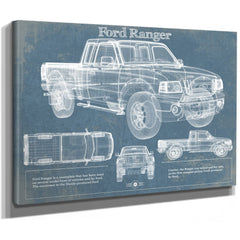 Ford Ranger Blueprint Truck Print as a stretched canvas wrap with gallery wrapped edges