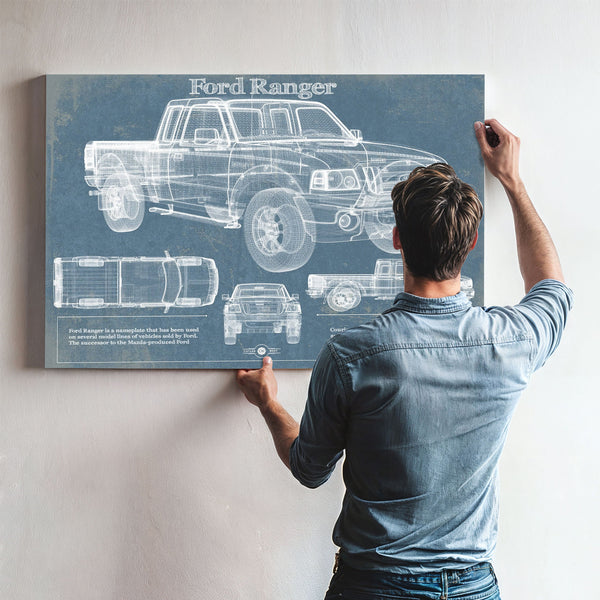 Ford Ranger Blueprint Truck Print framed in Vintage Black above a mid-century record console