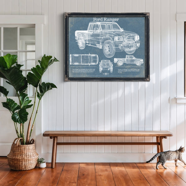 Ford Ranger Blueprint Truck Print framed in Vintage Black above a rustic console table