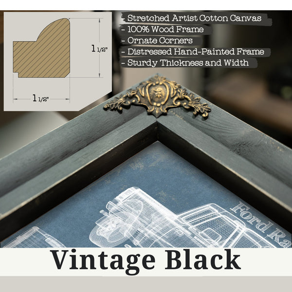 Vintage Black frame corner detail, 1.5 inch ornate wood moulding, Ford Ranger Blueprint Truck Print