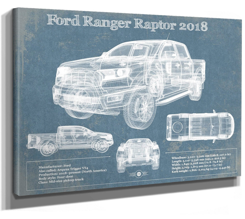 14" x 11" / Stretched Canvas Wrap Cutler West Ford Ranger Raptor (2018) Blueprint Vintage Auto Print
