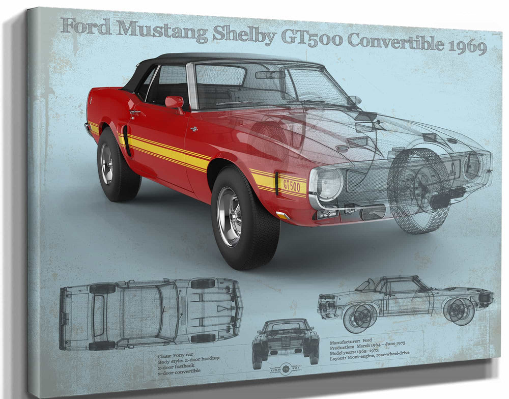 14" x 11" / Stretched Canvas Wrap Cutler West Ford Shelby Mustang GT500 Convertible 1969 Blueprint Vintage Auto Print