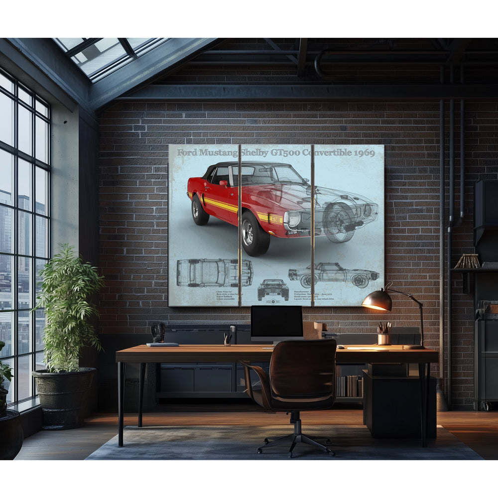 1969 Ford Shelby Mustang GT500 Convertible Print in a distressed Vintage Black wood frame with ornate corners