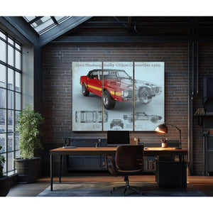 1969 Ford Shelby Mustang GT500 Convertible Print as a 3 panel canvas wrap in an industrial loft office