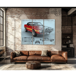 1969 Ford Shelby Mustang GT500 Convertible Print as a 3 panel canvas wrap above a leather sofa