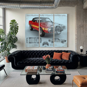 1969 Ford Shelby Mustang GT500 Convertible Print as a 3 panel canvas wrap in a modern living room