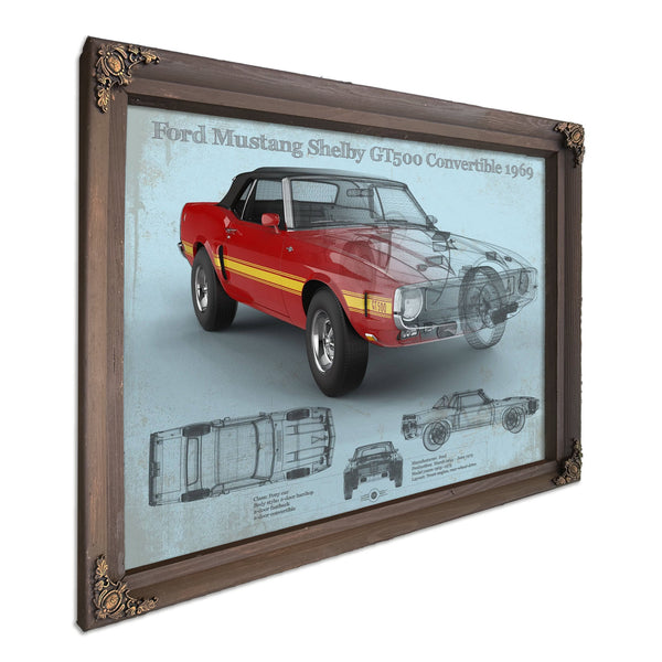 1969 Ford Shelby Mustang GT500 Convertible Print in a Bourbon stained wood frame with antique gold corners