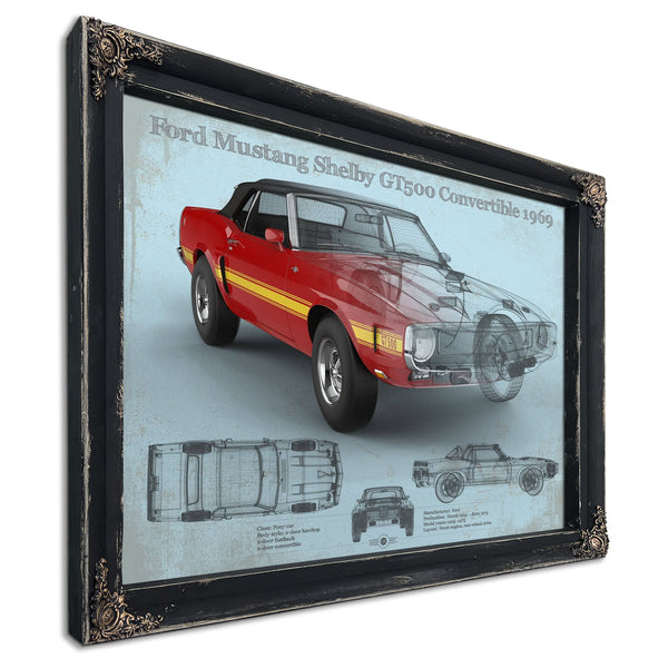 1969 Ford Shelby Mustang GT500 Convertible Print in a distressed Vintage Black wood frame with ornate corners