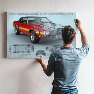 1969 Ford Shelby Mustang GT500 Convertible Print framed in Vintage Black above a mid-century record console