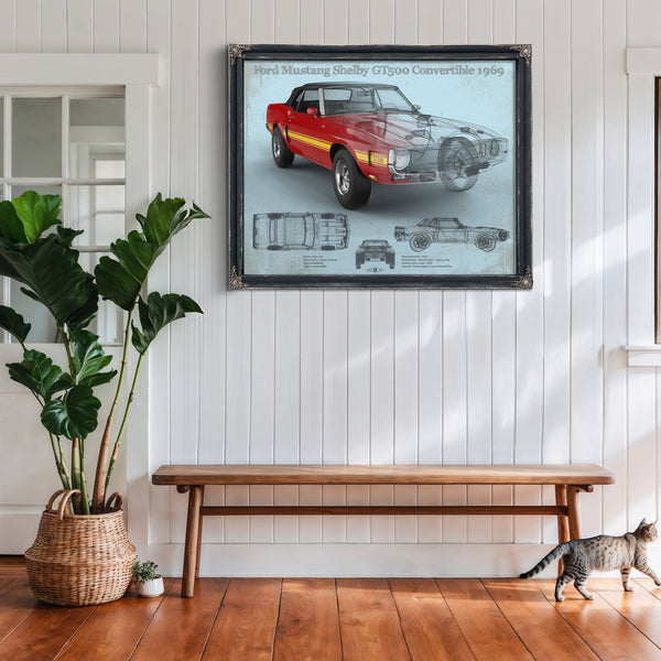 1969 Ford Shelby Mustang GT500 Convertible Print framed in Vintage Black above a rustic console table