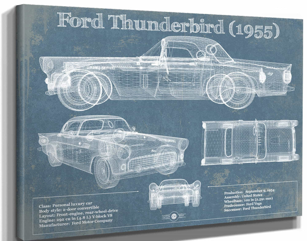 14" x 11" / Stretched Canvas Wrap Cutler West Ford Thunderbird 1955 Original Blueprint Art