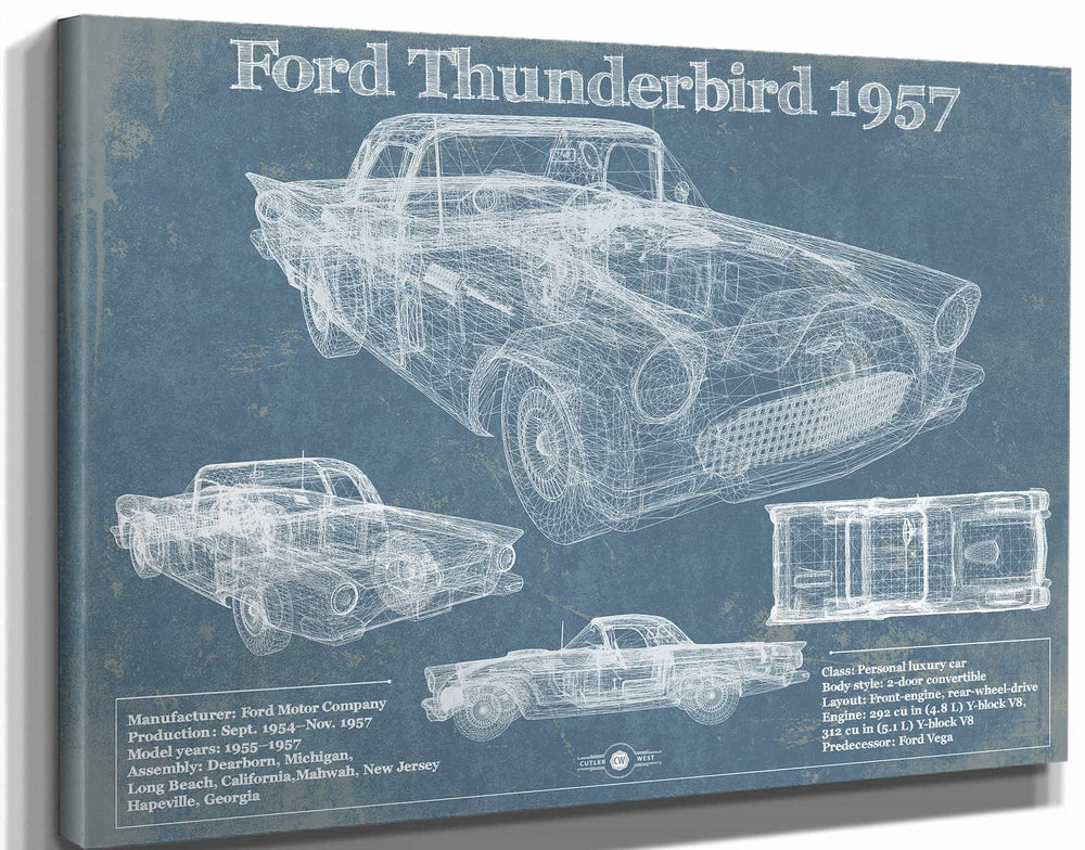 14" x 11" / Stretched Canvas Wrap Cutler West Ford Thunderbird 1957 Blueprint Vintage Auto Print