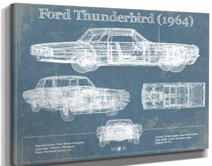 14" x 11" / Stretched Canvas Wrap Cutler West Ford Thunderbird (1964) Vintage Blueprint Auto Print