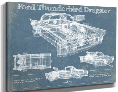14" x 11" / Stretched Canvas Wrap Cutler West Ford Thunderbird Dragster Blueprint Vintage Auto Print