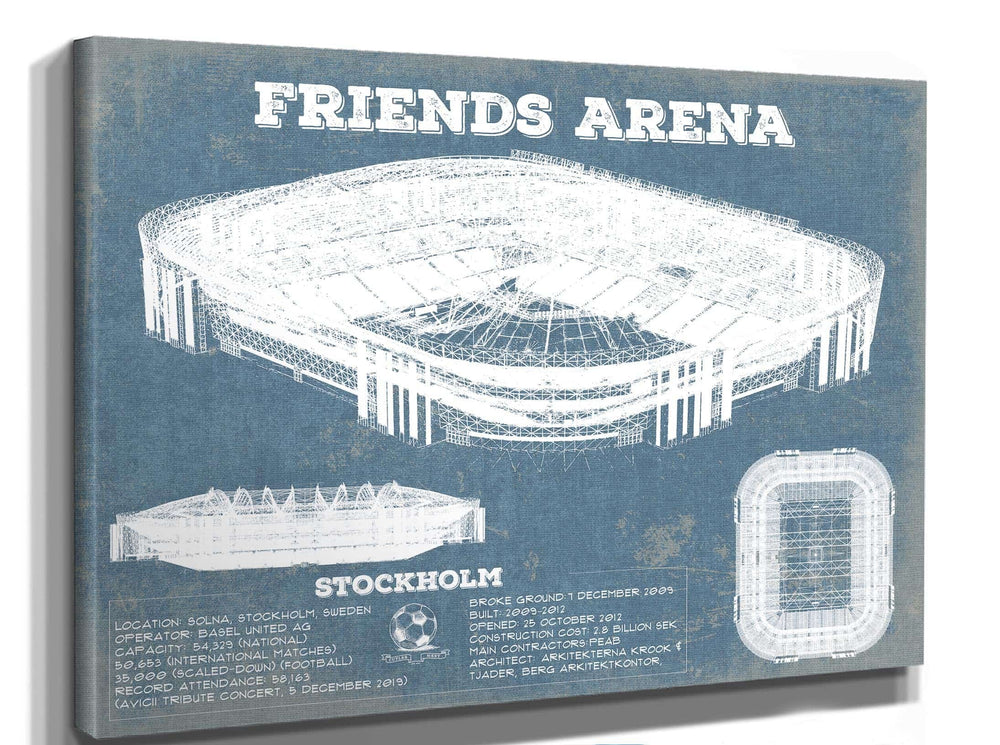 14" x 11" / Stretched Canvas Wrap Cutler West Friends Arena (Nationalarenan) Blueprint Vintage Soccer Print
