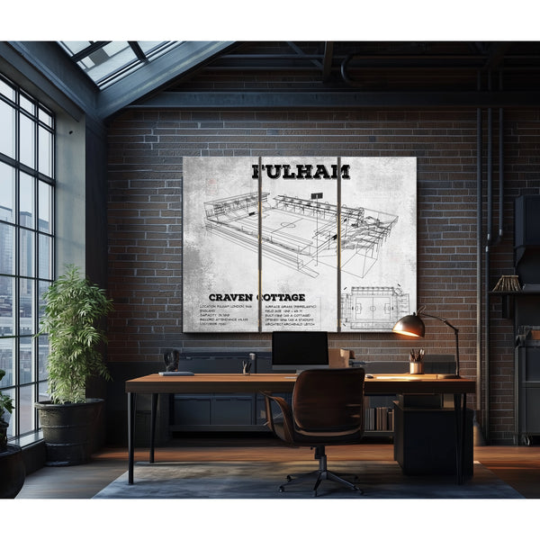 Fulham Football Club Craven Cottage Stadium Print as a 3 panel canvas wrap in an industrial loft office