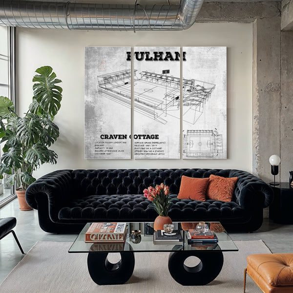 Fulham Football Club Craven Cottage Stadium Print as a 3 panel canvas wrap in a modern living room