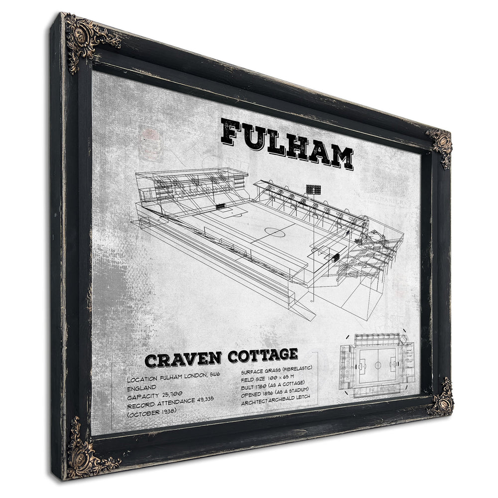 Fulham Football Club Craven Cottage Stadium Print in a distressed Vintage Black wood frame with ornate corners