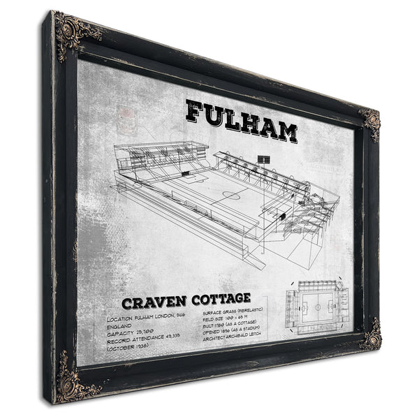 Fulham Football Club Craven Cottage Stadium Print in a distressed Vintage Black wood frame with ornate corners