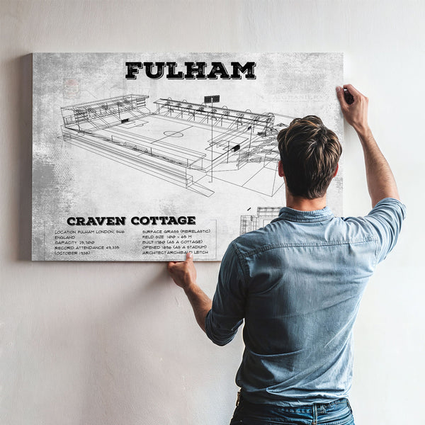 Fulham Football Club Craven Cottage Stadium Print framed in Vintage Black above a mid-century record console