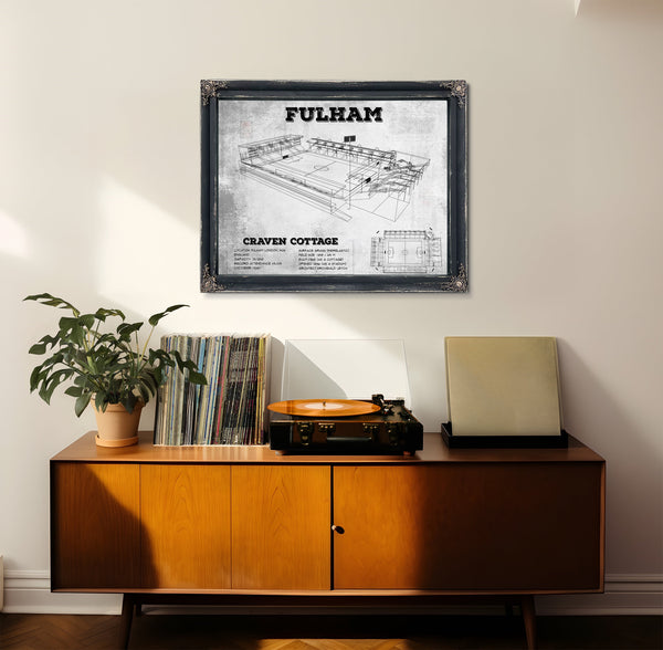 Fulham Football Club Craven Cottage Stadium Print framed in Vintage Black in a loft bedroom