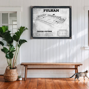 Fulham Football Club Craven Cottage Stadium Print framed in Vintage Black above a rustic console table