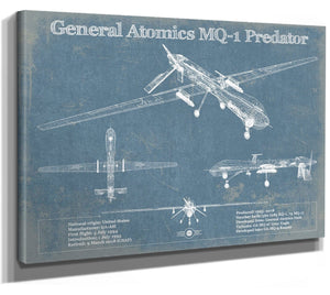14" x 11" / Stretched Canvas Wrap Cutler West General Atomics MQ-1 Predator Vintage UAV Blueprint Military Print