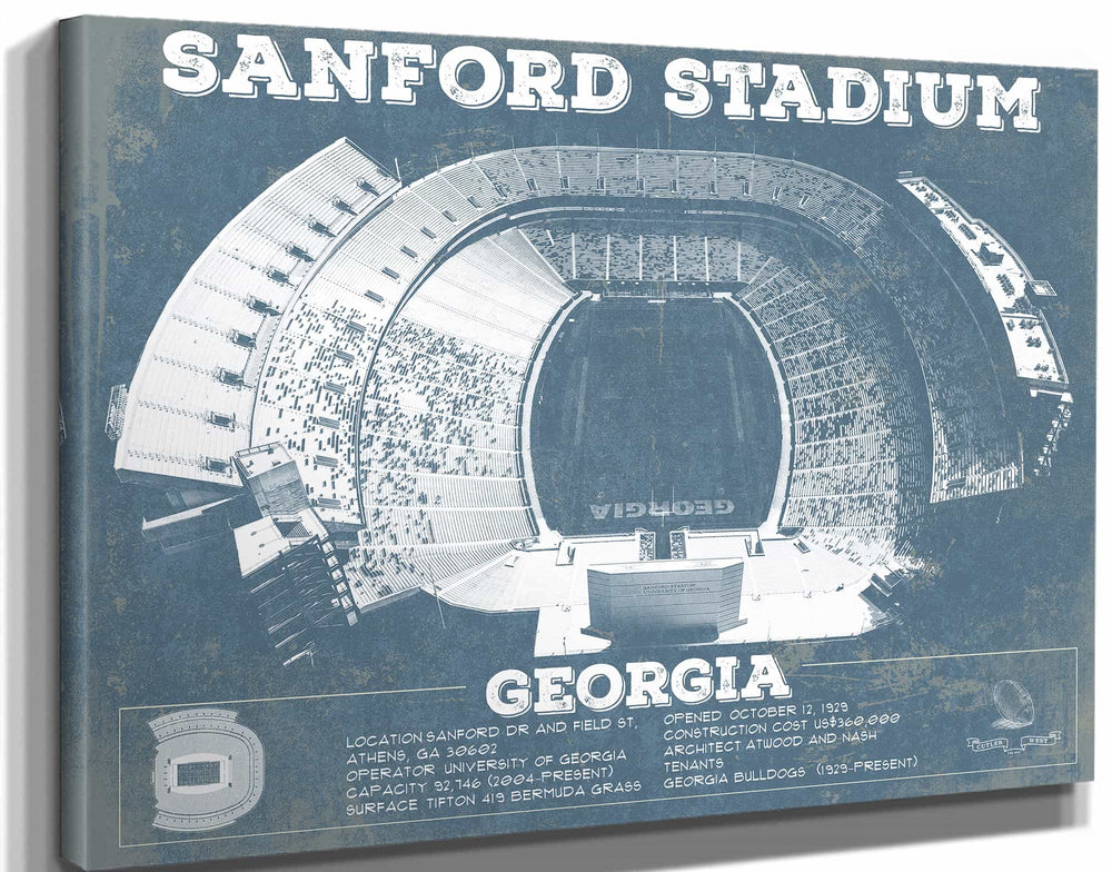 14" x 11" / Stretched Canvas Wrap Cutler West Georgia Bulldogs Football - Sanford Stadium Vintage Football Blueprint Art Print
