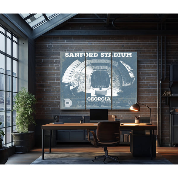 Georgia Bulldogs Football - Sanford Stadium Print as a 3 panel canvas wrap in an industrial loft office