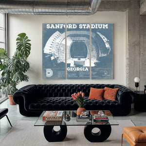 Georgia Bulldogs Football - Sanford Stadium Print as a 3 panel canvas wrap in a modern living room