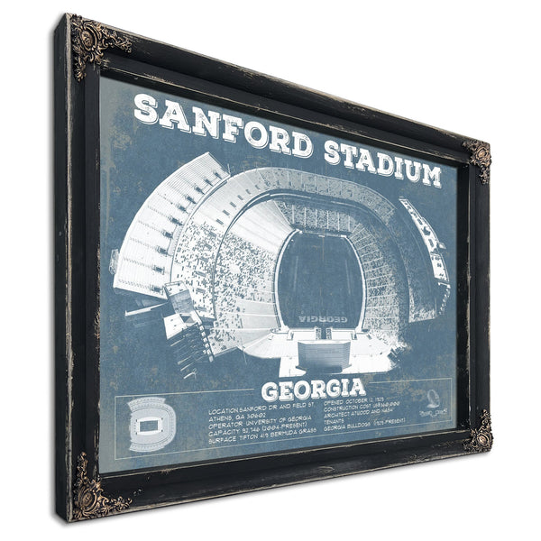 Georgia Bulldogs Football - Sanford Stadium Print in a distressed Vintage Black wood frame with ornate corners