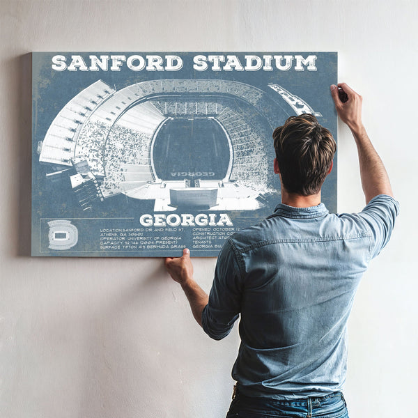 Georgia Bulldogs Football - Sanford Stadium Print framed in Vintage Black above a mid-century record console