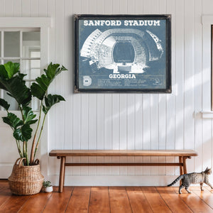 Georgia Bulldogs Football - Sanford Stadium Print framed in Vintage Black above a rustic console table