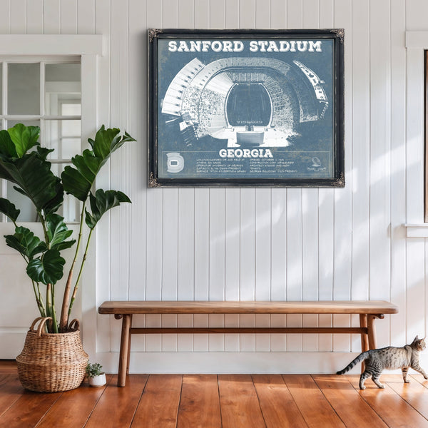 Georgia Bulldogs Football - Sanford Stadium Print framed in Vintage Black above a rustic console table