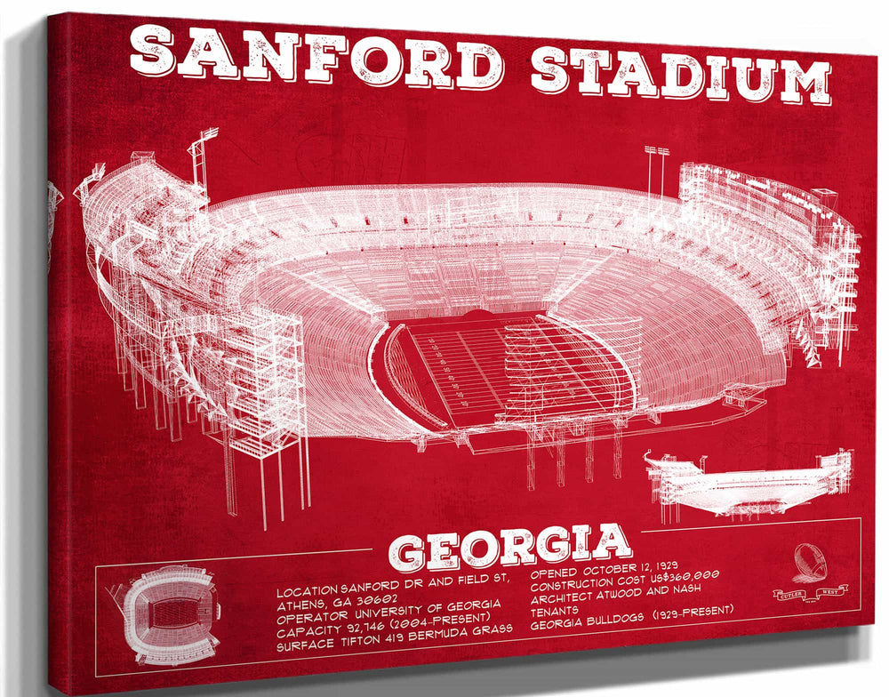 14" x 11" / Stretched Canvas Wrap Cutler West Georgia Bulldogs Football Team Colors - Sanford Stadium Vintage Football Blueprint Art Print