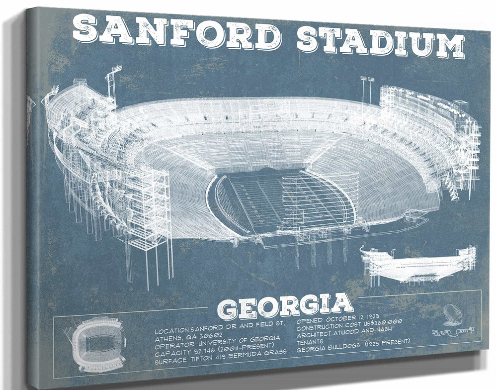 14" x 11" / Stretched Canvas Wrap Cutler West Georgia Bulldogs - Sanford Stadium - Vintage Football Blueprint Art Print