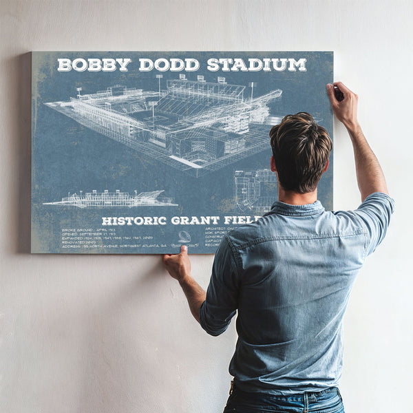 Georgia Tech Yellow Jackets - Bobby Dodd Stadium at Print framed in Vintage Black above a mid-century record console