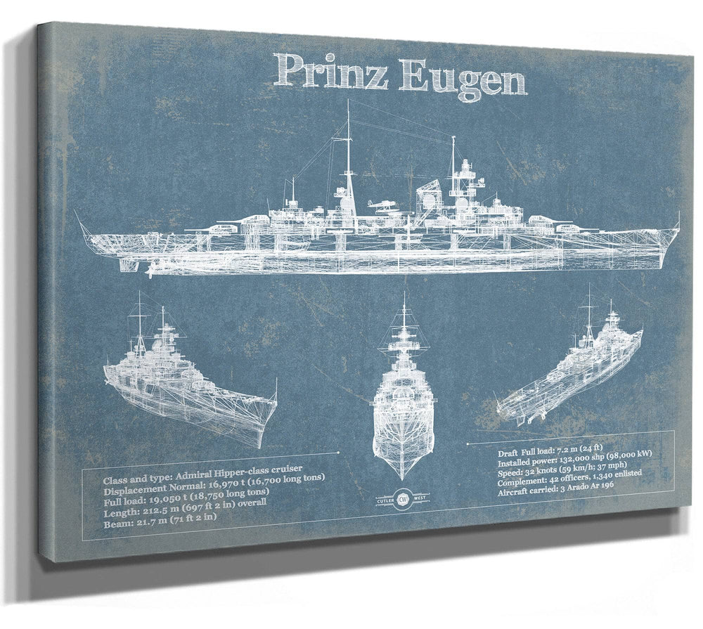 14" x 11" / Stretched Canvas Wrap Cutler West German Cruiser Prinz Eugen Blueprint Original Wall Art