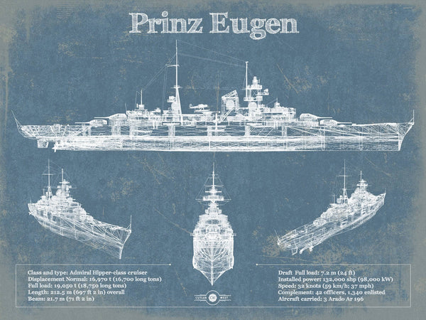 14" x 11" / Unframed Cutler West German Cruiser Prinz Eugen Blueprint Original Wall Art