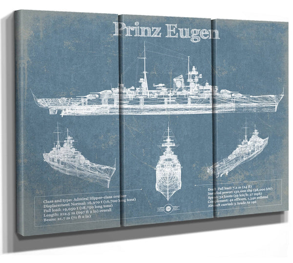 36" x 24" / 3 Panel Canvas Wrap Cutler West German Cruiser Prinz Eugen Blueprint Original Wall Art