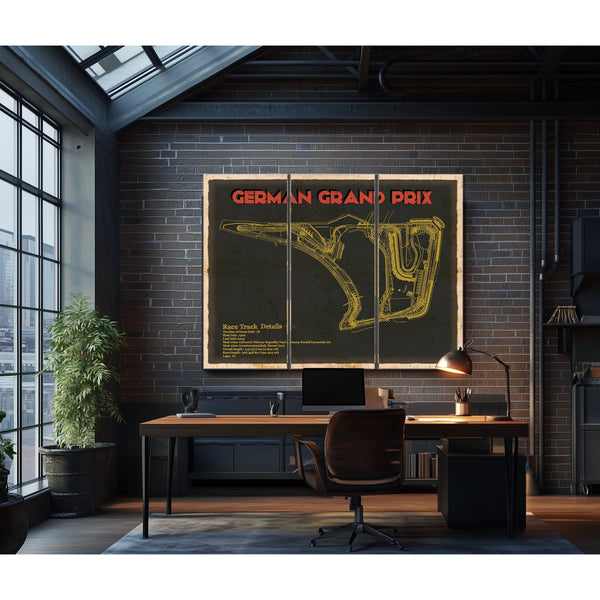 German Grand Prix Blueprint Race Track Print as a 3 panel canvas wrap in an industrial loft office