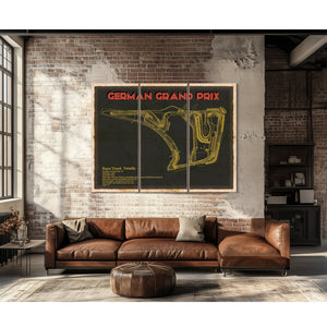 German Grand Prix Blueprint Race Track Print as a 3 panel canvas wrap above a leather sofa