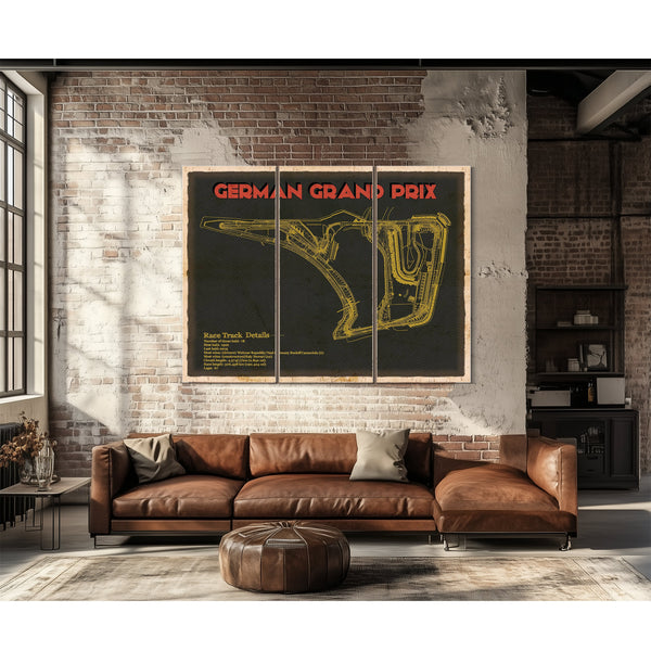 German Grand Prix Blueprint Race Track Print as a 3 panel canvas wrap above a leather sofa