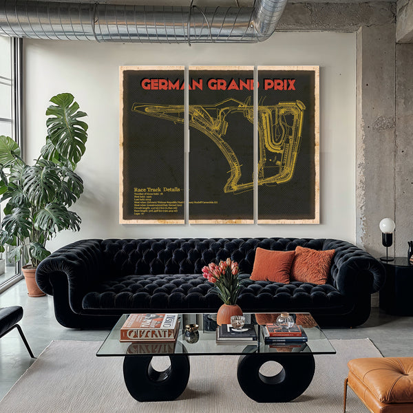 German Grand Prix Blueprint Race Track Print as a 3 panel canvas wrap in a modern living room